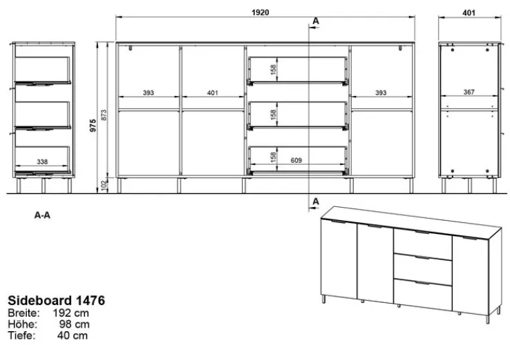 CASAVANTI Sideboard CALIFORNIA 192 x 98 cm Graphit/ Navarra-Eiche