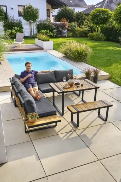 Garden FLAIR Dining Gartenlounge BASEL U 5-tlg grau /Akazie braun