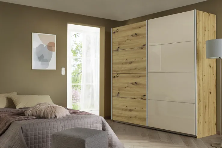 Schwebetürenschrank CAMBRIDGE 210 x 226 x 62 cm Artisan Eiche/ Glas Champagner