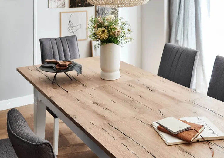 TRAUMWERKSTATT Esstisch TIVOLI 140-185 x 82 cm weiß / smoked oak