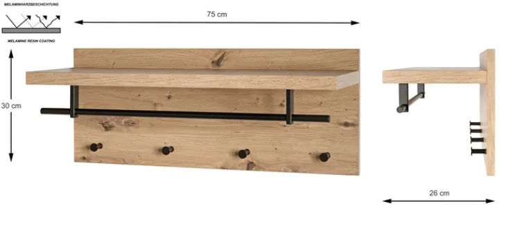 Wandgarderobe PARMA5 Eiche-Dekor/schwarz 75 x 30 cm